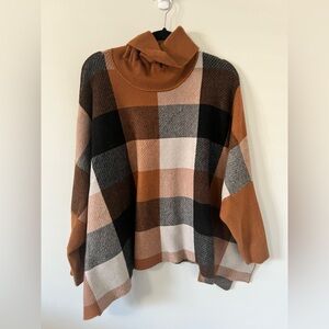 Zenana Outfitters Plaid Cowl Neck Sweater - Brown, Black, and Cream